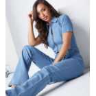 Urban Bliss Pale Blue Denim Collared Belted Flared Jumpsuit
