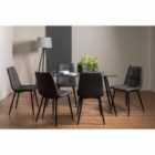 Cosmo Clear Tempered Glass 6 Seater Dining Table & 6 Mondrian Dark Grey Faux Leather Chairs With Black Legs