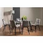 Cosmo Clear Tempered Glass 6 Seater Dining Table & 6 Mondrian Grey Velvet Fabric Chairs With Black Legs