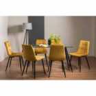 Cosmo Clear Tempered Glass 6 Seater Dining Table & 6 Mondrian Mustard Velvet Fabric Chairs With Black Legs