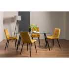 Cosmo Clear Tempered Glass 6 Seater Dining Table & 4 Mondrian Mustard Velvet Fabric Chairs With Black Legs