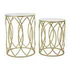 Interiors By PH Set Of 2 Round Side Tables Mirrored Tops Champagne Finish Metal Cut Out Base