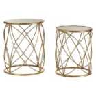 Interiors By PH Set Of 2 Side Tables Mirror Top Distressed Gold Metal Round