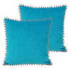 Paoletti Velvet Pom-Pom Twin Pack Polyester Filled Cushions Teal/Coral