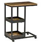 HOMCOM C Shaped Mobile Over Bed/Sofa Table With 3 Tier Shelves Rustic Wood Finish