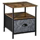 HOMCOM Side Table With Grey Fabric Drawer And Shelf Compartment Rustic Wood Finish