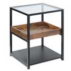 HOMCOM Glass Top Industrial Side Table With 3 Tier Storage Shelves Rustic Wood Finish