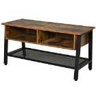 HOMCOM TV Stand 2 Compartments And Mesh Shelf With Cable Holes Black Metal Frame Rustic Wood Finish