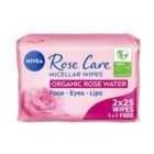 NIVEA Rose Care Biodegradable Micellar Face Wipes with Organic Rose Water 2 x 25 per pack