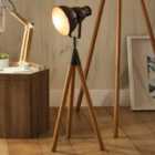 Grey Metal And Natural Wood Tripod Film Table Lamp