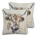 Evans Lichfield Watercolour Highland Cow Twin Pack Polyester Filled Cushions Multi