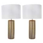First Choice Lighting Set of 2 Marah Gold Blue Chrome White Ceramic 52 cm Table Lamp With Shades