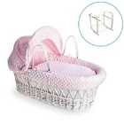 Dimple White Wicker Moses Basket in Pink & White Deluxe Rocking Stand - Pink