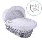Dimple Grey Wicker Moses Basket in White & Grey Deluxe Rocking Stand - White