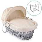 Dimple Grey Wicker Moses Basket in Cream & Grey Deluxe Rocking Stand - Cream