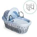 Dimple Grey Wicker Moses Basket in Blue &amp; Grey Deluxe Rocking Stand - Blue