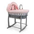 Waffle Grey Wicker Moses Basket in Pink & Grey Deluxe Rocking Stand - Pink