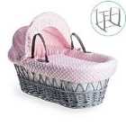 Dimple Grey Wicker Moses Basket in Pink & Grey Deluxe Rocking Stand - Pink