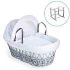 Cotton Dream Grey Wicker Moses Basket in White & Grey Deluxe Rocking Stand - White