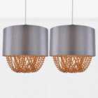 First Choice Lighting Set of 2 Grey Faux Silk & Copper Jewelled Ceiling Light Shades