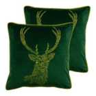 Furn. Forest Fauna Stag Twin Pack Polyester Filled Cushions Emerald/Gold