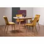 Tuska Scandi Oak 4 Seater Dining Table & 4 Eriksen Mustard Velvet Fabric Chairs With Grey Rustic Oak Effect Legs