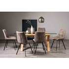 Cannes Clear Glass 6 Seater Dining Table & 6 Fontana Tan Faux Suede Fabric Chairs On Black Legs
