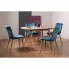 Tuska Scandi Oak 4 Seater Dining Table & 4 Eriksen Petrol Blue Velvet Fabric Chairs With Grey Rustic Oak Effect Legs