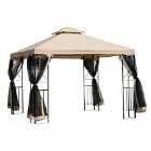 Outsunny 3X3(m) Outdoor Gazebo Patio Pavilion Canopy Tent With Netting & Shelf - Brown