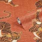 Furn. Tibetan Tiger Coral Orange Animal Printed Wallpaper
