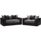 Biyana Modern Jumbo Cord And Faux Leather Fabric 3+2 Sofa Set Black And Grey
