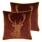 Furn. Forest Fauna Stag Twin Pack Polyester Filled Cushions Burgundy/Gold