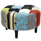Techstyle Plush Patchwork Round Pouffe Padded Footstool With Wood Legs Blue / Green / Red