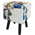 Techstyle Butterfly Contemporary Retro Square Padded Storage Stool Cream / Multi