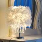 White Modern Feather Bedside Table Lamp with Crystal Pendant 30 x 45 cm