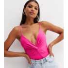 Cameo Rose Bright Pink Twist Front Strappy Bodysuit