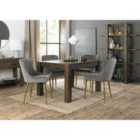 Cannes Dark Oak 4-6 Seater Dining Table & 4 Cezanne Grey Velvet Fabric Chairs Gold Plated Legs