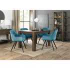 Cannes Dark Oak 4-6 Seater Dining Table & 4 Dali Petrol Blue Velvet Fabric Chairs With Black Legs