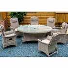 Flamingo 6 Reclining Chair Dining Set with 1.2m x 1.75m Oval Table Parasol & Base - Natural / Taupe