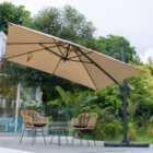 3M Large Square Canopy Rotatable Tilting Garden Rome Umbrella Cantilever Parasol with Square Fillable Base, Khaki