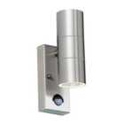 Luminosa Canon PIR 2 Light Outdoor Up Down Wall Light Clear Glass, Polished Stainless Steel IP44, GU10