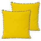 Paoletti Velvet Pom-Pom Twin Pack Polyester Filled Cushions Yellow/Grey