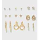 9 Pack Gold Diamanté Stud and Hoop Earrings