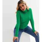 Petite Green Ribbed Roll Neck Top