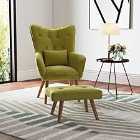LivingandHome Wide Wingback Chair Linen Curved Armchair With Footstool - Green