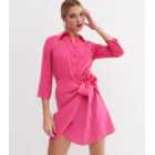 Bright Pink 3/4 Sleeve Mini Wrap Shirt Dress