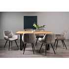 Rimi Rustic Oak Effect Melamine 6 Seater Dining Table With U Leg & 6 Dali Grey Velvet Fabric Chairs With Black Legs