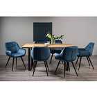 Rimi Rustic Oak Effect Melamine 6 Seater Dining Table With U Leg & 6 Dali Petrol Blue Velvet Fabric Chairs With Black Legs