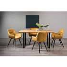 Rimi Rustic Oak Effect Melamine 6 Seater Dining Table With U Leg & 4 Dali Mustard Velvet Fabric Chairs With Black Legs