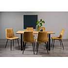 Rimi Rustic Oak Effect Melamine 6 Seater Dining Table With U Leg & 6 Mondrian Mustard Velvet Fabric Chairs With Black Legs
